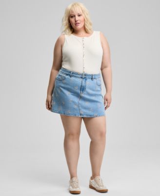 And Now This - Trendy Plus Size Floral-Embroidered Denim Skirt