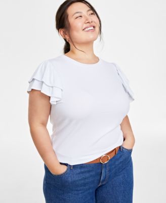 On 34th - Trendy Plus Size Round-Neck Short-Flutter-Sleeve Top
