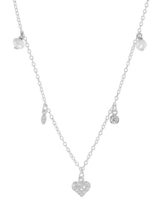Macy's - Freshwater Pearl (4mm) & Cubic Zirconia Heart & Bezel Dangle Collar Necklace in Sterling Silver, 16" + 2" extender