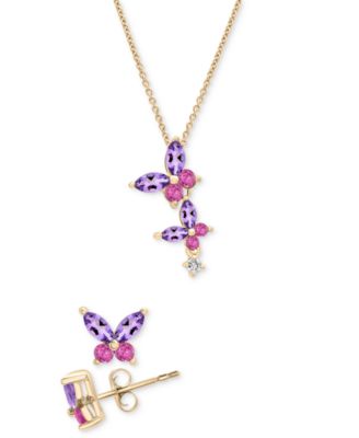 Macy's - 2-Pc. Pink Sapphire (1/2 ct. t.w.), Amethyst (7/8 ct. t.w.) & White Sapphire (1/20 ct. t.w.) Butterfly Earrings & Pendant Necklace Set in 14k Gold-Plated Sterling Silver