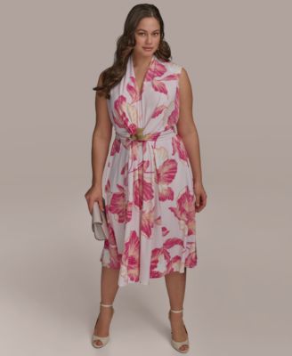 Donna Karan New York - Plus Size Floral-Print Belted Midi Dress