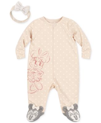 Disney - Baby Girls Minnie Mouse Footed Coverall & Headband, 2 Piece Set