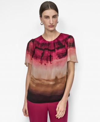 DKNY - Women's Printed Crinkled Chiffon Blouse