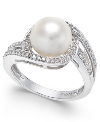 Macy's - White Cultured Pearl (9mm) and Diamond (1/3 ct. t.w.) Swirl Ring in 14k White Gold