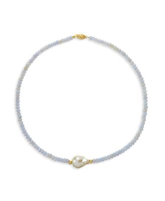 Macy's - Cultured Baroque Freshwater Cultured Pearl (12-13mm) and Blue Lace Agate (4-5mm) Necklace in 14k Yellow Gold