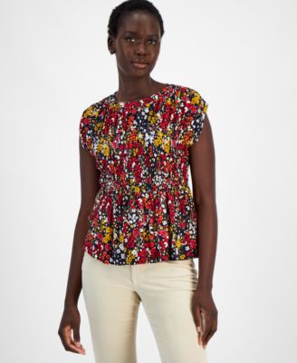 Tommy Hilfiger - Women's Smocked Poppy-Print Sleeveless Top