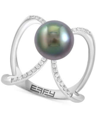 EFFY Collection - Cultured Tahitian Pearl (9mm) & Diamond (1/10 ct. t.w.) Openwork Statement Ring in 14k White Gold