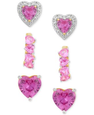 Macy's - 3-Pc. Set Lab Created Pink Sapphire (6 ct. t.w.) & Lab Created White Sapphire (1/2 ct. t.w.) Heart Stud & Small Hoop Earrings 14k Gold-Plated Sterling Silver