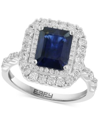EFFY Collection - Emerald-Cut Blue Sapphire (2-3/8 ct. t.w.) & Diamond (7/8 ct. t.w.) Double Halo Ring in 14k White Gold