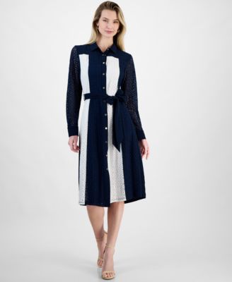 T Tahari - Women's Colorblocked Mixed-Media Belted Dress
