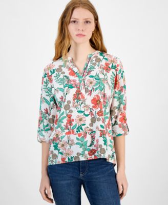 Tommy Hilfiger - Women's Floral Split-Neck Roll-Sleeve Top