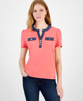Tommy Hilfiger - Women's Denim-Trim Split-Neck Knit Top