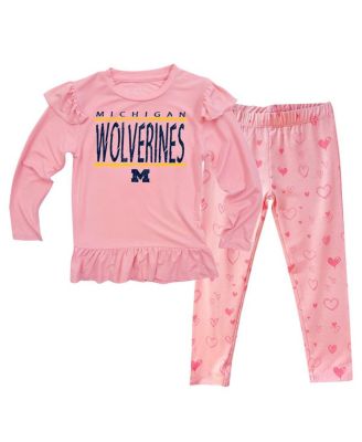 Wes & Willy - Baby Boys and Girls Pink Michigan Wolverines Heart Print Ruffle Long Sleeve T-Shirt and Pants Sleep Set