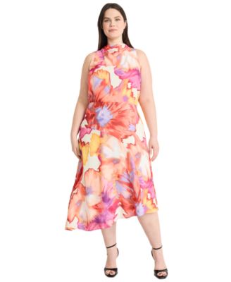 Maggy London - Plus Size Printed Asymmetric-Hem Midi Dress