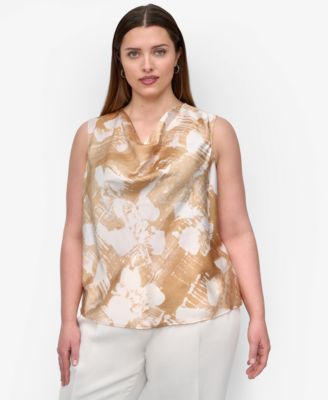 DKNY - Plus Size Printed Cowlneck Sleeveless Blouse